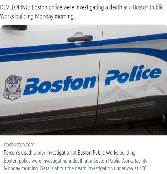 Details about the death investigation underway at 400 Frontage Road, the Boston Public Works&#39; Central Maintenance Facility, weren&#39;t immediately available beyond that police were called about 10:10 a.m., according to the Boston Police Department.