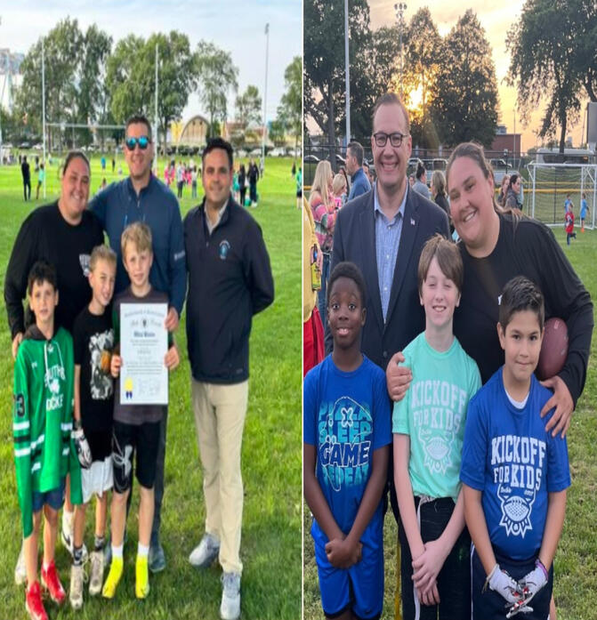 Two of Kickoff For Kids biggest fans / supporters! Senator Nick Collins &amp; Representative David Biele enjoying a beautiful day at the K4K opener @ Evans Field.