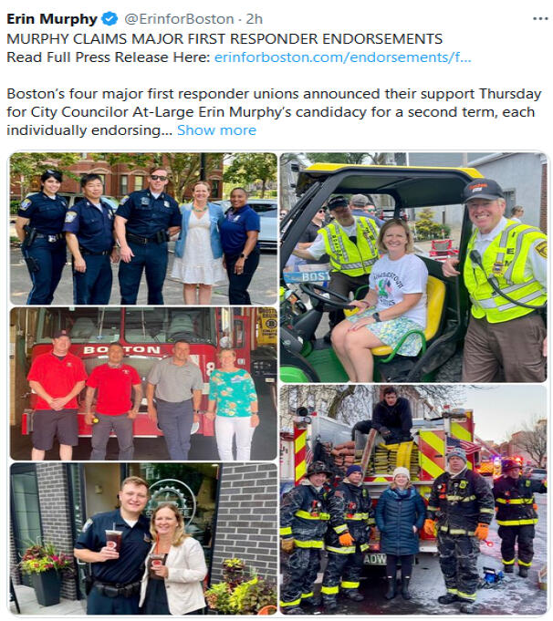 Boston’s four major first responder unions announced their support Thursday for City Councilor At-Large Erin Murphy’s candidacy for a second term.
