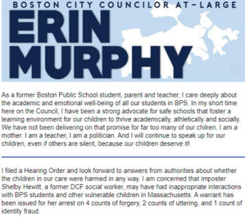 Councilor Murphy files a hearing order to get answers rerarding a former DCF social worker - Shelby Hewitt interactions at BPS